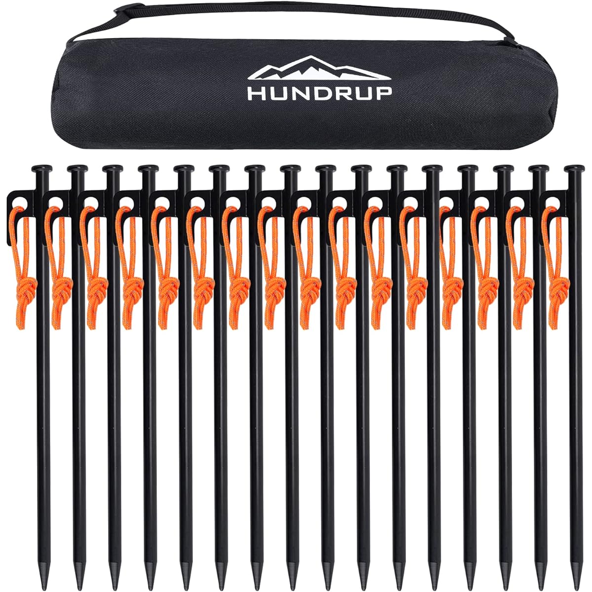 HUNDRUP [Reinforced version] Pegs 20cm/25cm/30cm/40cm 10/16 pegs set, forged pegs, laser welded, reflective rope, steel, solid, storage case included, construction tools, camping, tent pegs, outdoor, mountain climbing, for hard soil, sand, grass.