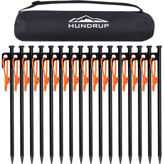 HUNDRUP [Reinforced version] Pegs 20cm/25cm/30cm/40cm 10/16 pegs set, forged pegs, laser welded, reflective rope, steel, solid, storage case included, construction tools, camping, tent pegs, outdoor, mountain climbing, for hard soil, sand, grass.