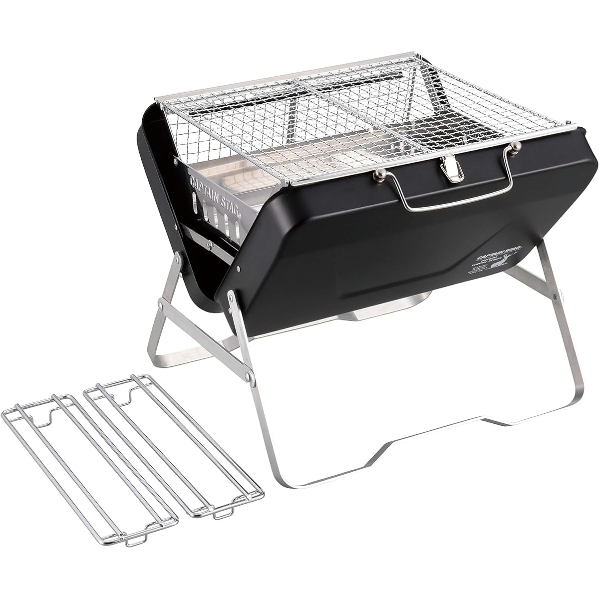 CAPTAIN STAG Barbecue Stove Grill Bonfire Stand 4-in-1 Tabletop Grill V-Type Fire Grill with 2 Trivets Wide Black CS Black Label UG-77