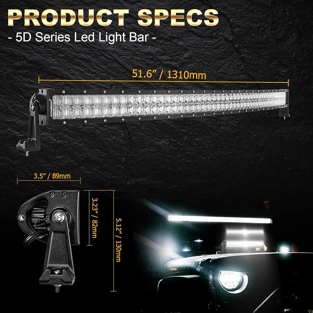 AUXBEAM 52 inch LED light bar 300W 2 rows curved flood spot combo beam 100 pieces LED worklight off -road driving light fog light 5D lens wiring harness car SUV UTV ATV pickup track