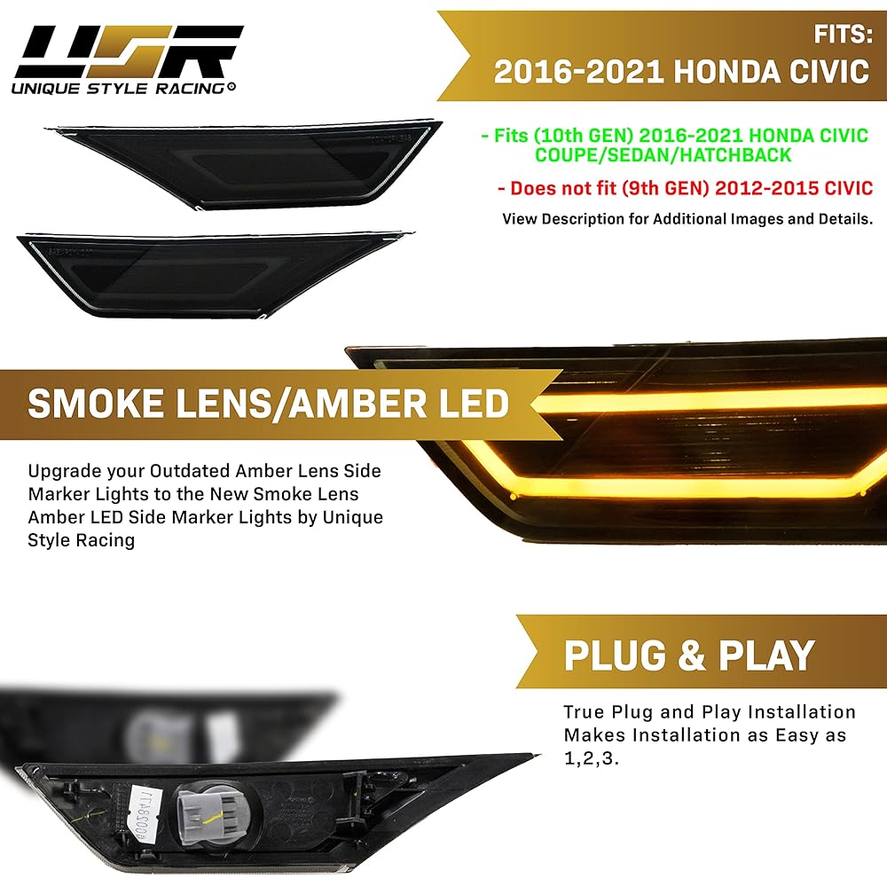 USR UNIQUE STYLE RACING DEPO 10th generation Civic side marker 911 Carrera style LED light bar front bumper lamp 2016-2021 Honda Civic Coupe Sedan Hatchback All models (Smoke Lens Amber LED)