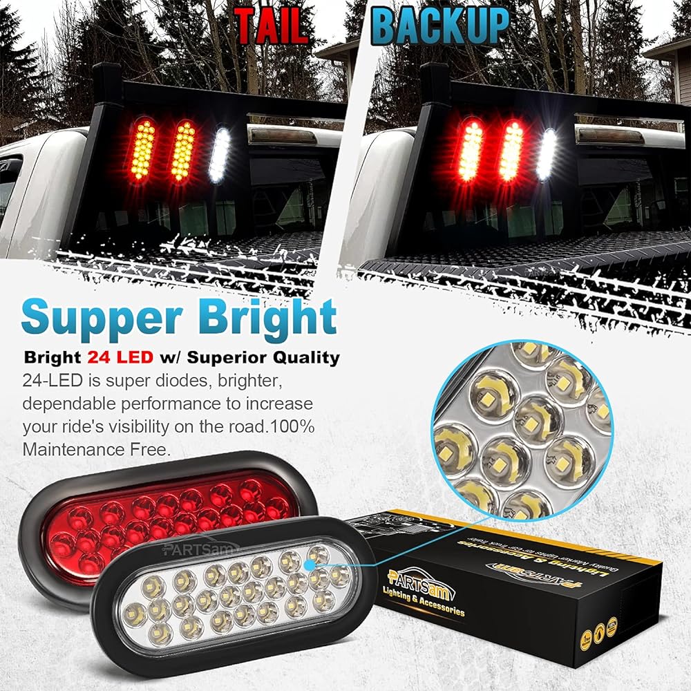 PARTSAM 2x Red + 2x White 6 inch 24 LED Oval Start Top Top Tal Light Brake Backup Reverse Light Kit Track Truck Truck RV Camper Waterproof 12V Sealed 6 -inch elliptical LED Trailer Tail Light Glemon Mount