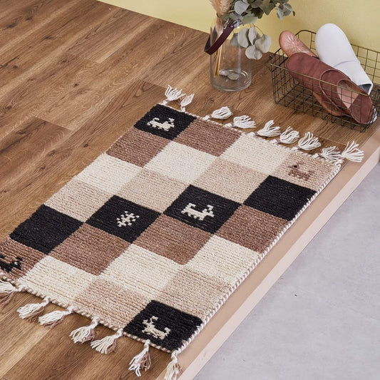 Hagiwara Entrance Mat Indoor Approximately 60 x 90cm "Koomous Mohar" 100% Wool Handwoven with Fringe Gabbeh Ethnic Style