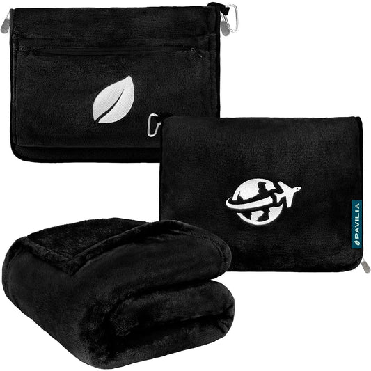 PAVILIA Travel Blanket and Pillow, Warm Airplane Blanket for Adults, 2-in-1 Bag, Compact Airplane Blanket, Airplane Blanket for Airplanes, Camping, with Armholes, Luggage Sleeve, Backpack Clip, Gift for Travelers, Black
