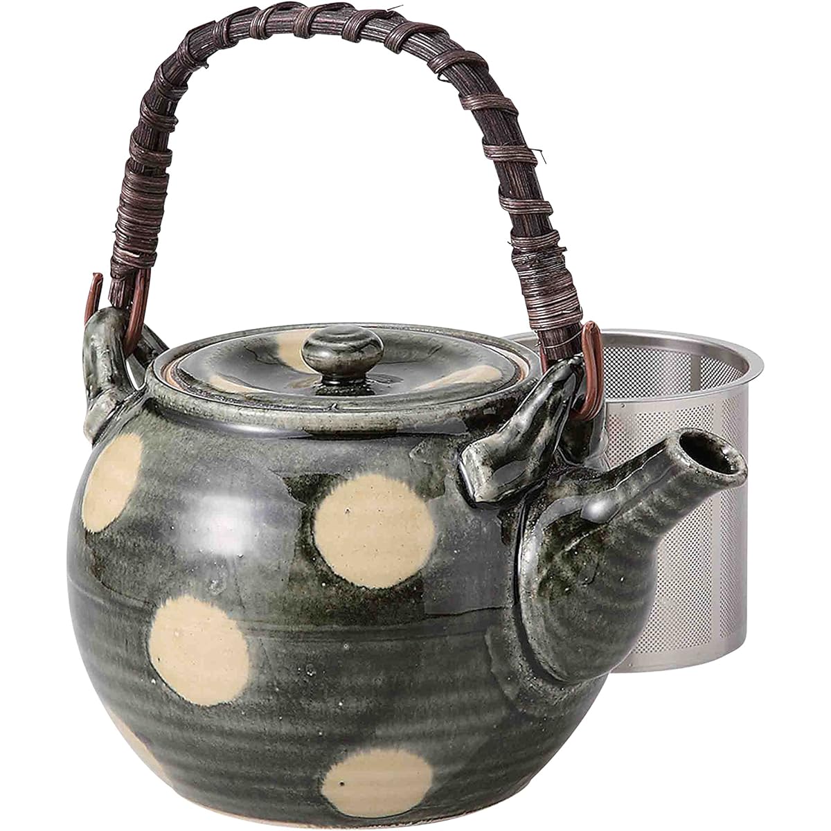 Hasami ware clay pot, green glaze, polka dot pattern, No. 5 (with super stainless steel tea strainer) 73614