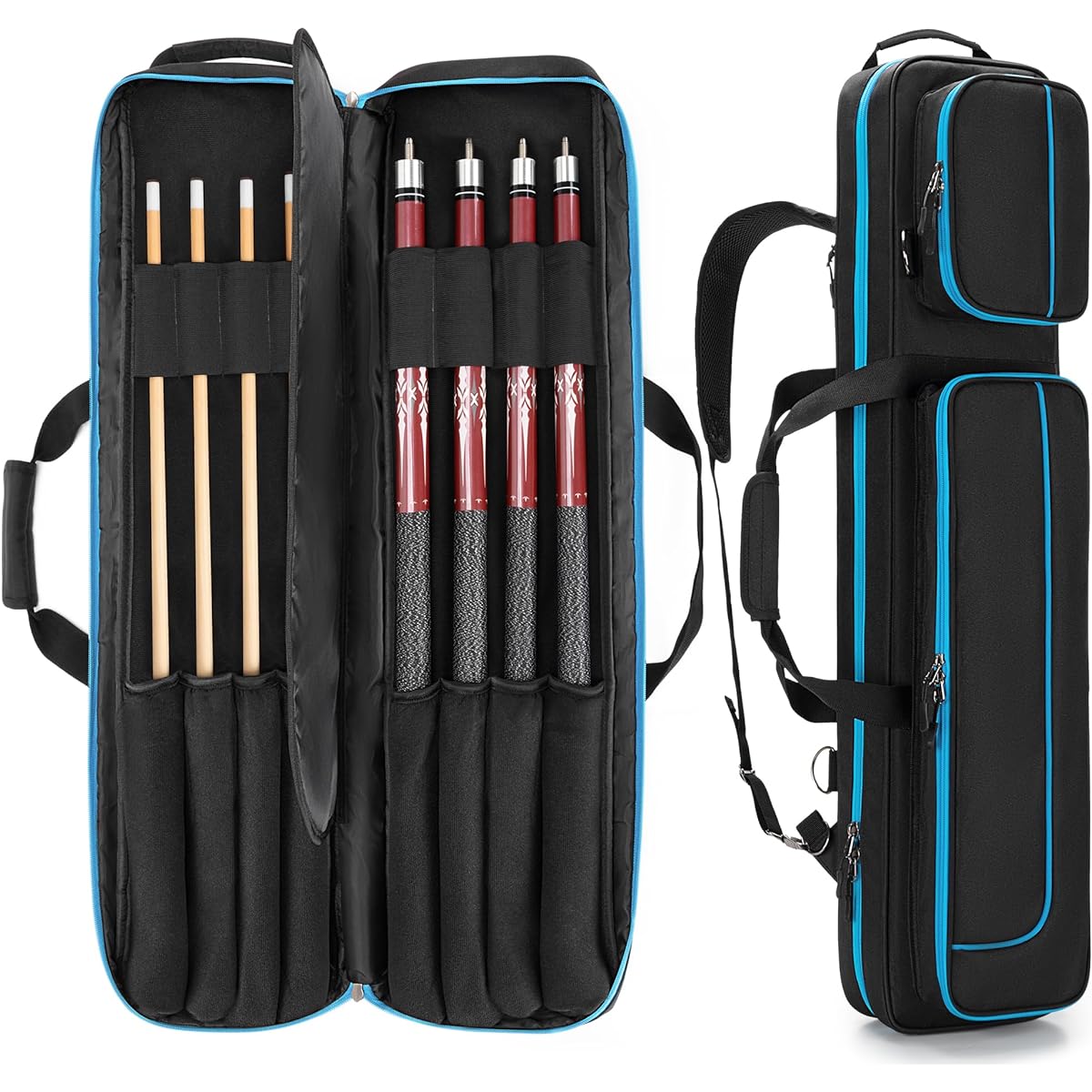GOBUROS Billiard Cue Case Pool Cue Case Holds 4 Bats and 4 Shafts Pool Cue Bag Pool Cue Case 1/2 Billiard Cue Bag