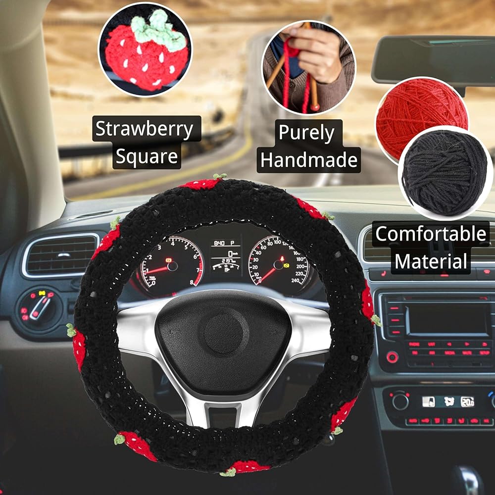 Kag needle handle cover set Cute car handle cover Boeho 14-15 inch black strawberry granny square Women car accessories gift (black strawberry cover set)