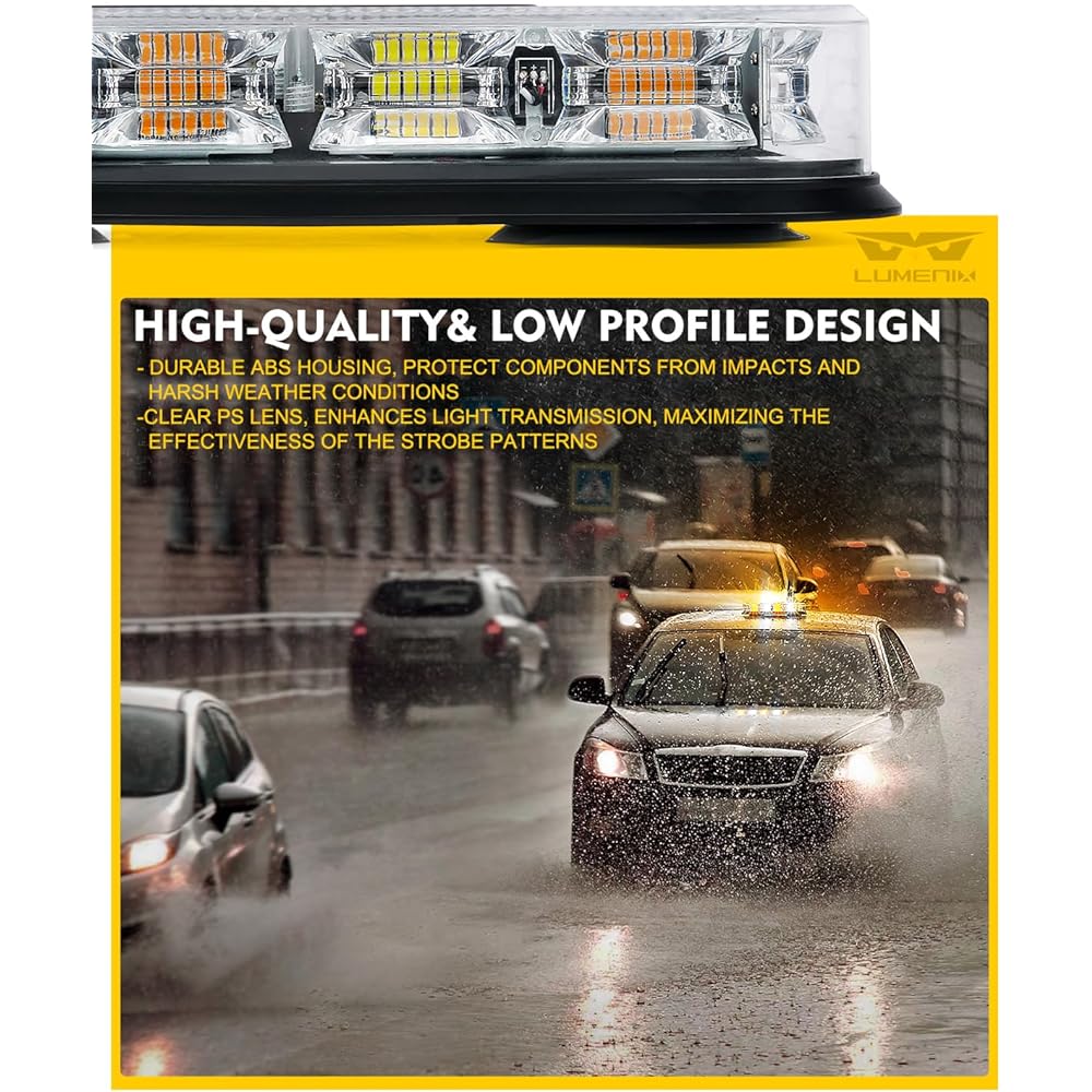 LUMENIX 12 -inch roof top strobe bee conquer 72LED magnetic mount emergency flash warning mini light bar construction vehicle construction vehicle -Amber White