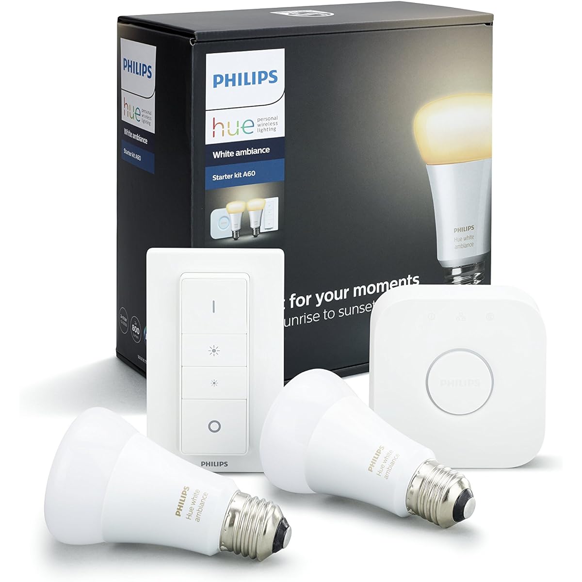 Philips Hue | White Gradient Starter Set | 2 E26 smart LED lights + 1 bridge + 1 dimmer switch | [Voice control with Amazon Echo, Google Home, Apple HomeKit, LINE]