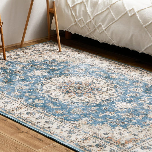 Hagiwara Rug Blue Approx. 190 x 240cm "Cameo" Transfer Print Rug Machine Washable Non-Slip Processed Hot Suitable