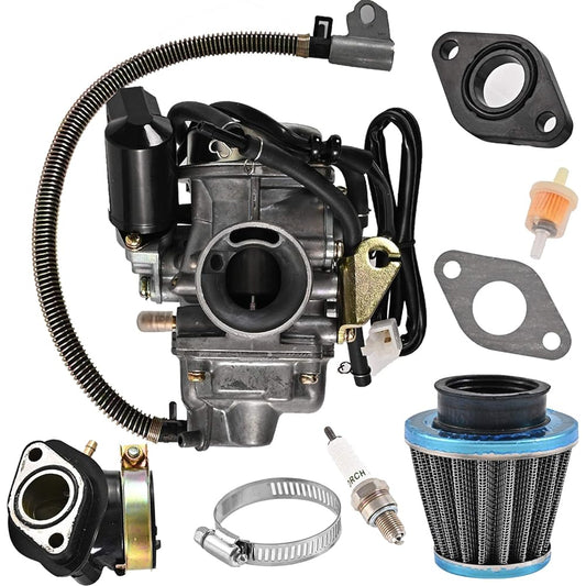 GY6 125cc/150cc Carburetor for 4 Stroke Engine Electric Choke Scooter ATV Go Kart 152QMI 157QMJ with Air Filter Intake Manifold PD24J 24mm Carb