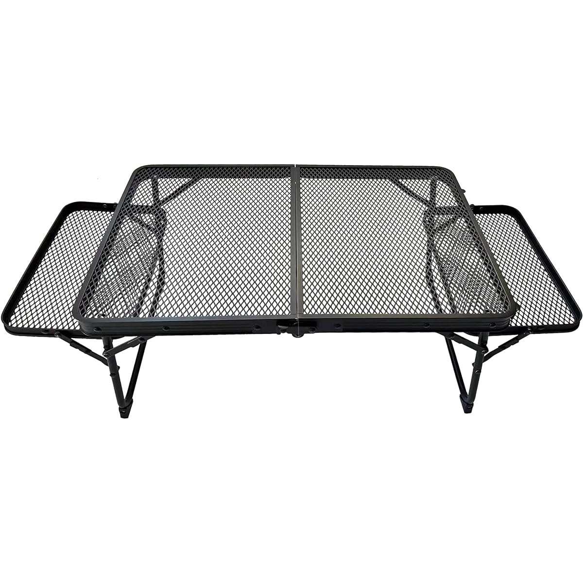 OUTDOORSHIN Iron Mesh Mini Table with Side Table Expandable Bonfire Heat Resistant Table Integrated Folding Desk Lightweight Compact Camping Outdoor