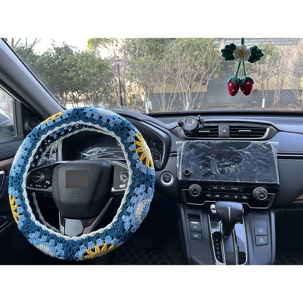 Handmade sticker-knitting sun and moon car handle cover Universal 14-15 inch men and women (handle cover+steering needle knitting strawberry)