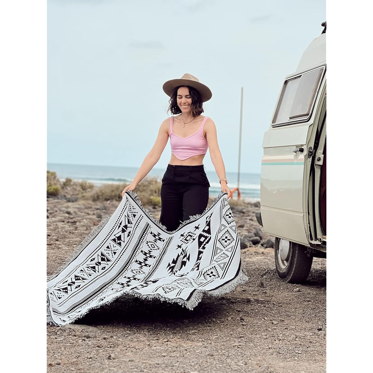 Peel Forest Ortega Mexican American Geometric Pattern Blanket Camping Outdoor Towel Blanket, Rug Stylish Black and White, Moroccan, West Coast Interior, 130X160cm ……………