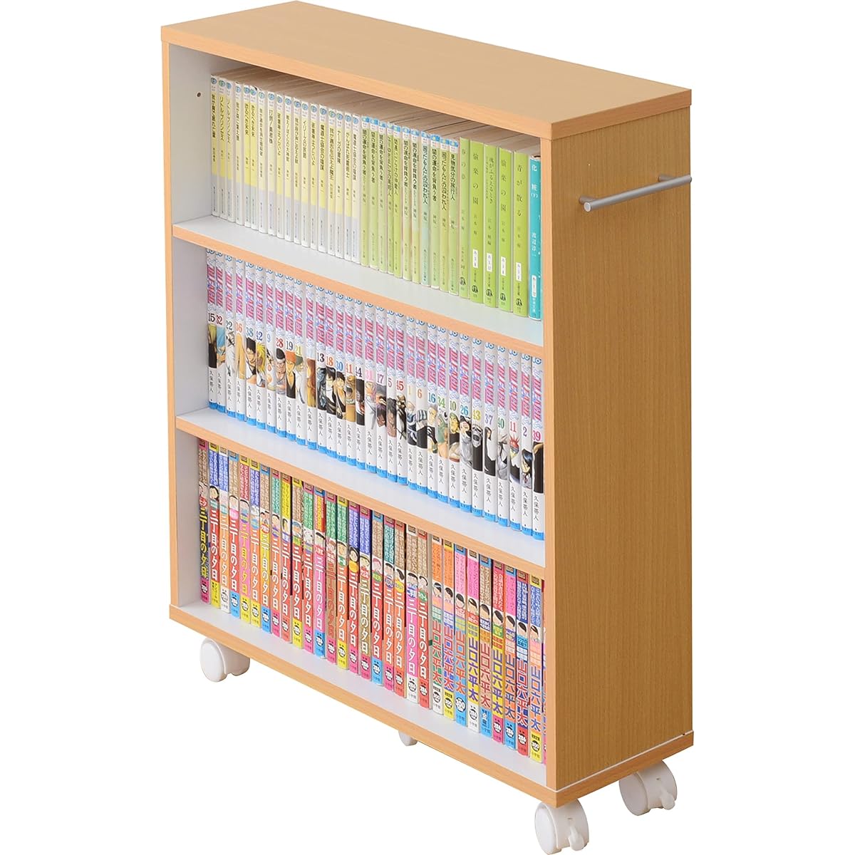 [Yamazen] Bookshelf Slim (Bookshelf with casters) Width 57.5 x Depth 17 x Height 68.5 cm Replaceable left and right handles Comics (Manga) Estimated storage capacity: 105 books Assembly product Natural Beach CCW-7055C (NB/WH)