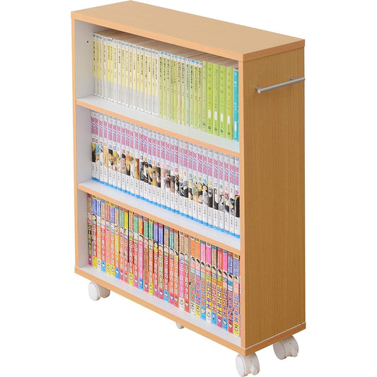 [Yamazen] Bookshelf Slim (Bookshelf with casters) Width 57.5 x Depth 17 x Height 68.5 cm Replaceable left and right handles Comics (Manga) Estimated storage capacity: 105 books Assembly product Natural Beach CCW-7055C (NB/WH)