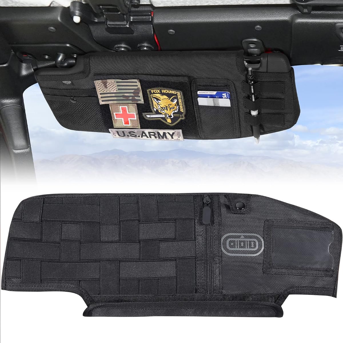 QMPARTS Sun Visor Organizer Up Grade Wrangler JL & JT 2018-2023 Supported Leading Seat Front Tactical Visor Storage Cover MOLLE Webbing Visor Storage Holder Porch Multi Pocket Net Fastener
