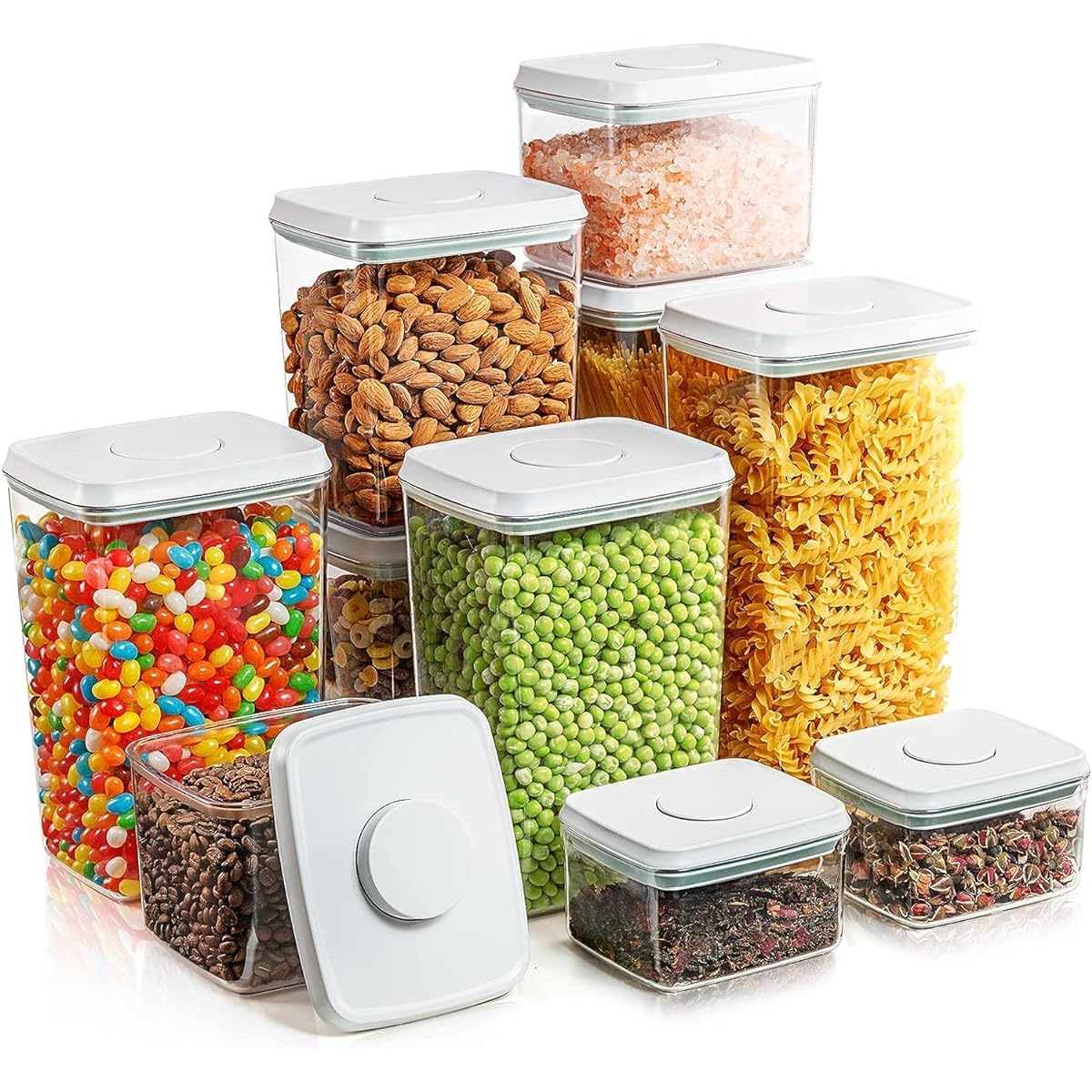 Tourdeus Vacuum Storage Container Canister Storage Container Plastic Pop-up Container Moisture Proof Transparent Set of 10 Pop-Top Food Storage Containers 3300ml*2, 2700ml*2, 1980ml*2, 1200ml*2, 550ml*2