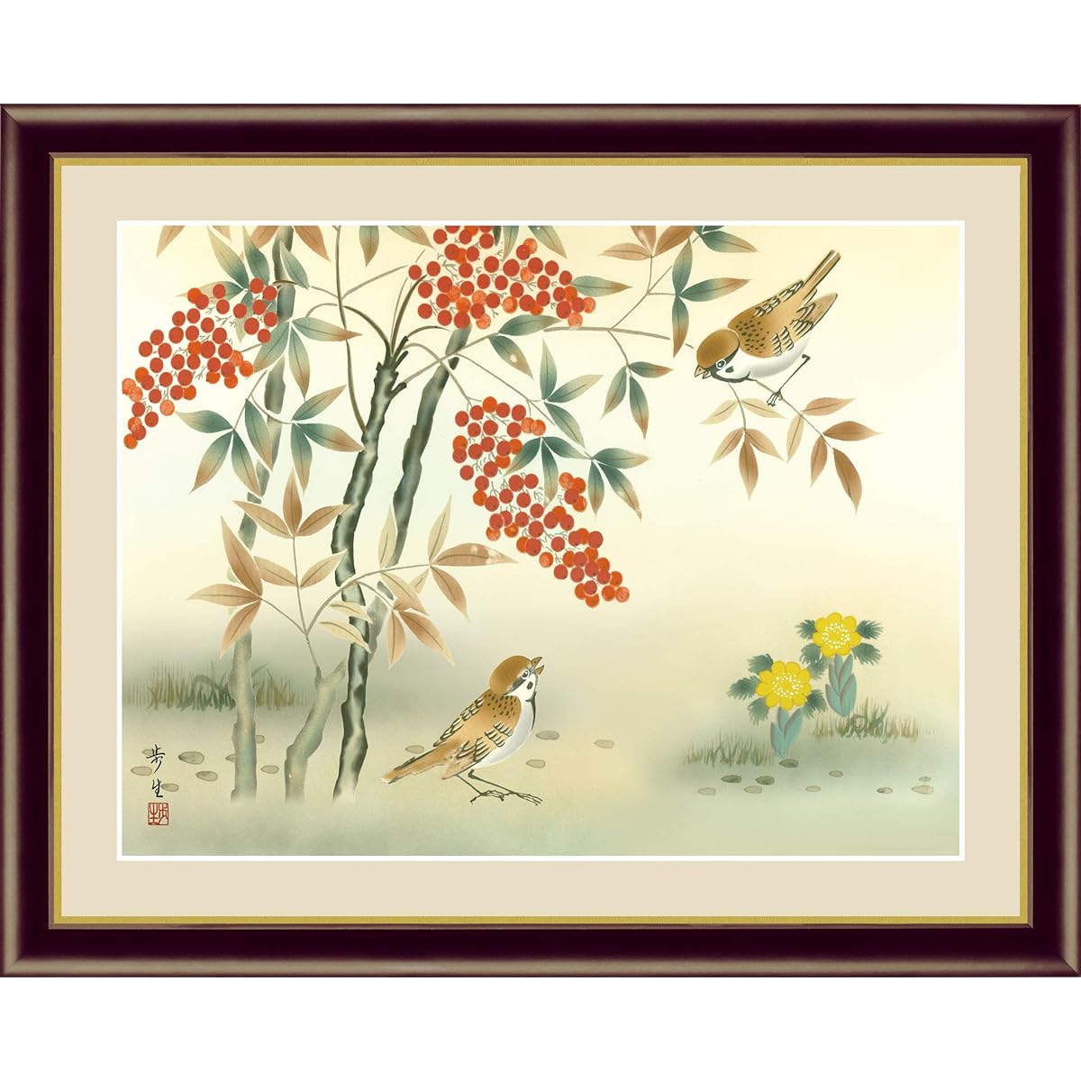 Art Framed Flower and Bird Painting Winter Decoration Ayu Kitayama "Nanten Fukuju" Japanese Painting Framed Interior Art (F6/52 x 42cm)