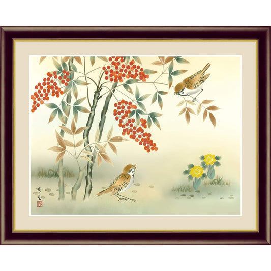Art Framed Flower and Bird Painting Winter Decoration Ayu Kitayama "Nanten Fukuju" Japanese Painting Framed Interior Art (F6/52 x 42cm)