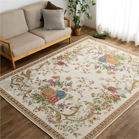 Sayan Sayan Washable Floral Pattern Rug Mat 095 Gobelin Weave 200x200 2 Tatami Light Beige