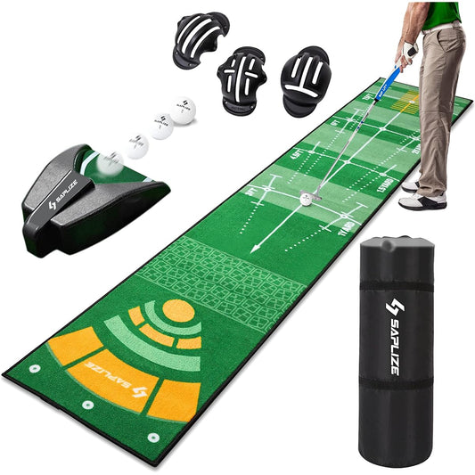 Saplize Golf Putter Practice Mat with Ball Marker and Automatic Ball Returner, Non-Slip, 50*305cm