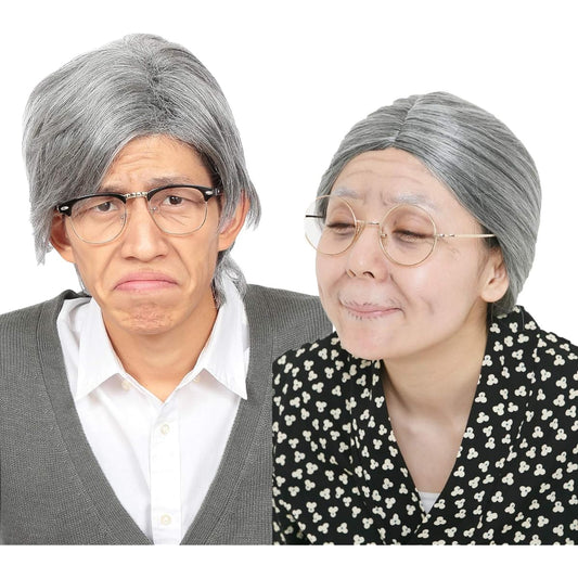 Clearstone Cosplay Halloween Grandpa and Grandma Wig Set Wig Old Man Old Woman White Hair Unisex Silver Costume Fancy Dress Costume