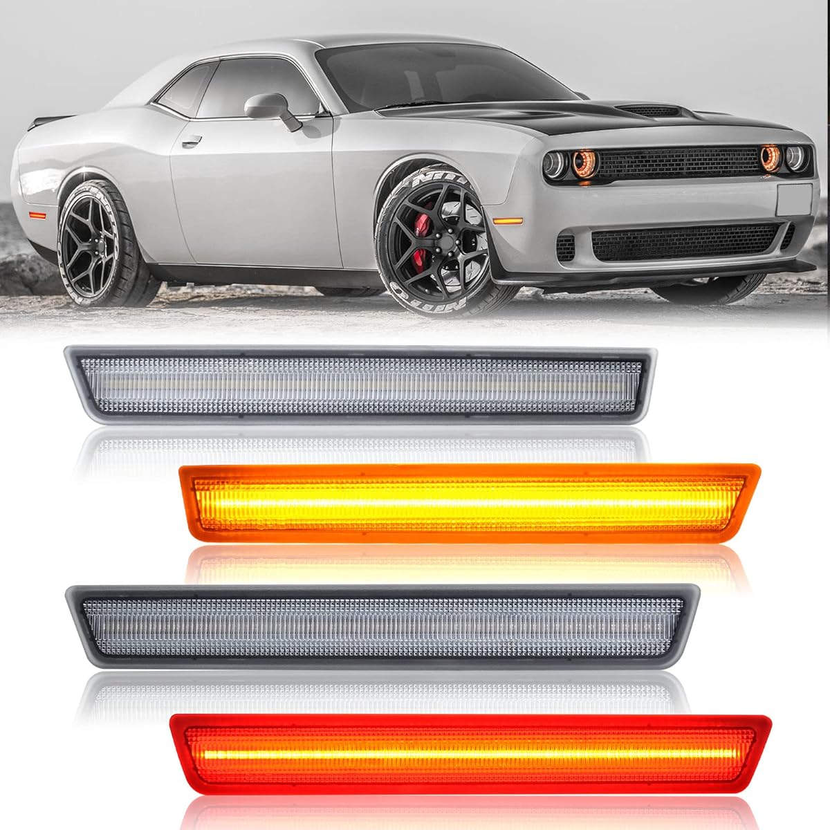 R & F Auto 4 LED Red Red Side Marker Light Replacement Challenger 2015-2023 Rear Fender Side Marker Lamp LED Chips 180 Clear Lens Exchange OEM Number: 68195789AB 68195796AB