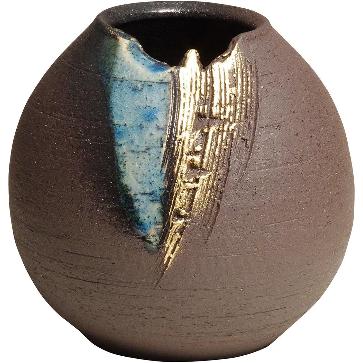 Marui Seito Shigaraki Ware Hechimon Vase Flower Base Large Round Blue Glaze Gold Pottery MR-1-2534
