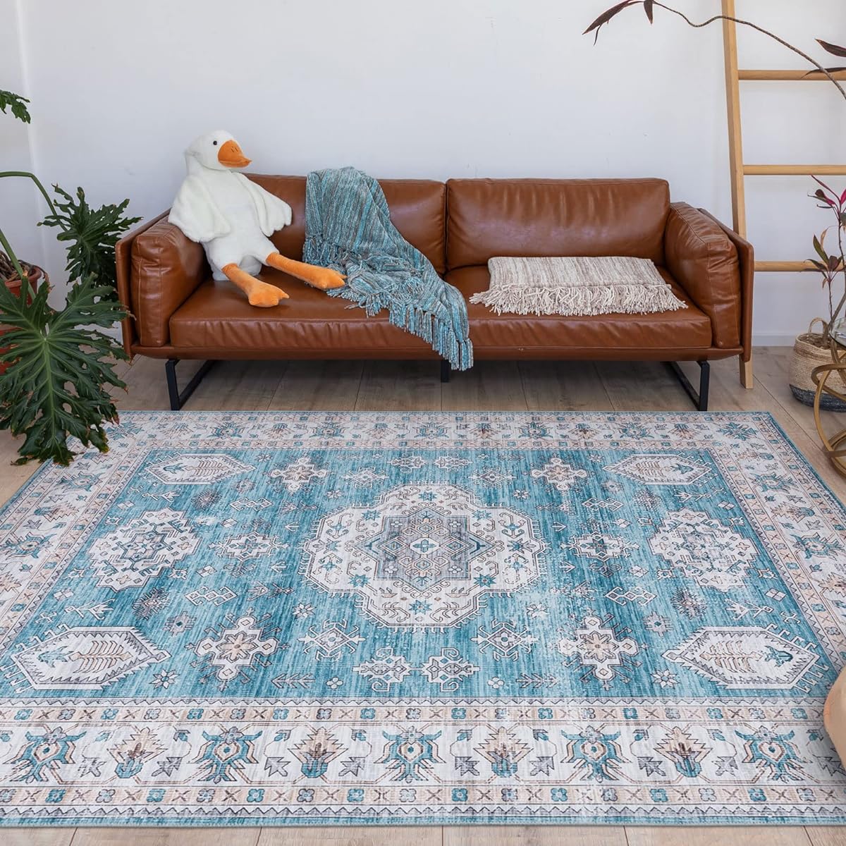 u-living Carpet 3 Tatami Persian Carpet Rug Washable Floral Pattern 160x230CM All Seasons Anti-Slip Lightweight Compatible with Floor Heating Dust Mite Resistant Odor Resistant Blue