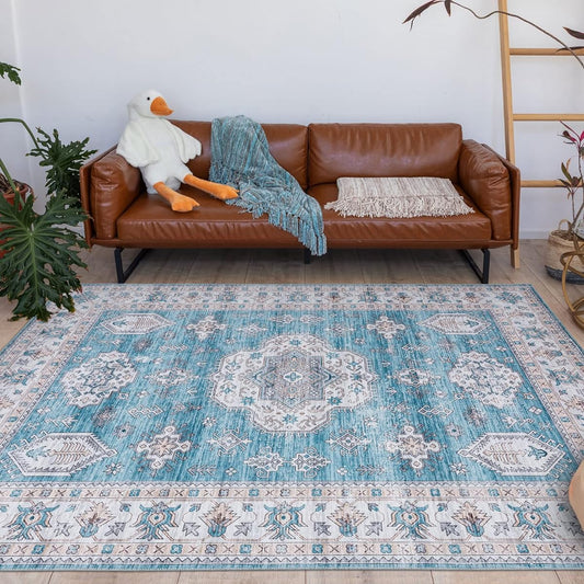 u-living Carpet 3 Tatami Persian Carpet Rug Washable Floral Pattern 160x230CM All Seasons Anti-Slip Lightweight Compatible with Floor Heating Dust Mite Resistant Odor Resistant Blue