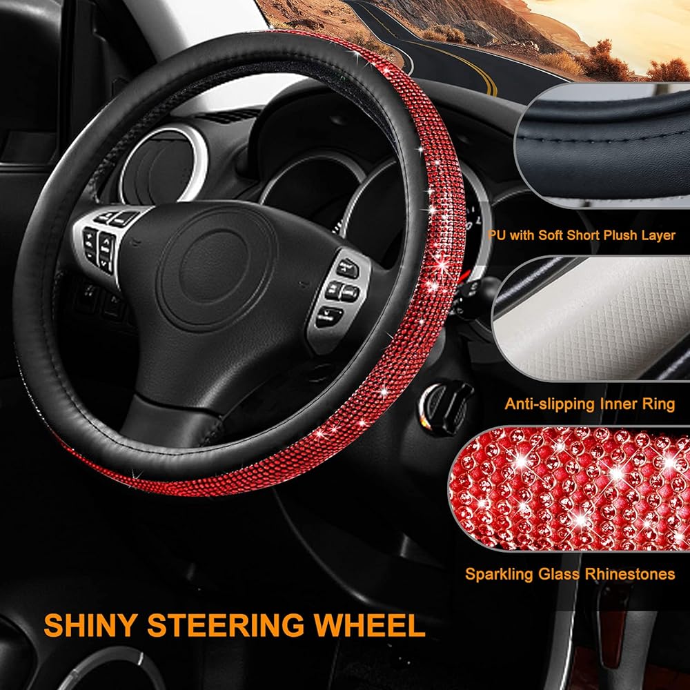 IDOGLIITTE+ glittering glittering rhinestone car decoration Premium Crystal Rear View Mirror Auto Center Console Protection Cover Diamond Leather Handle Coaster 2 Push Start Button Cover Red 6 Pack