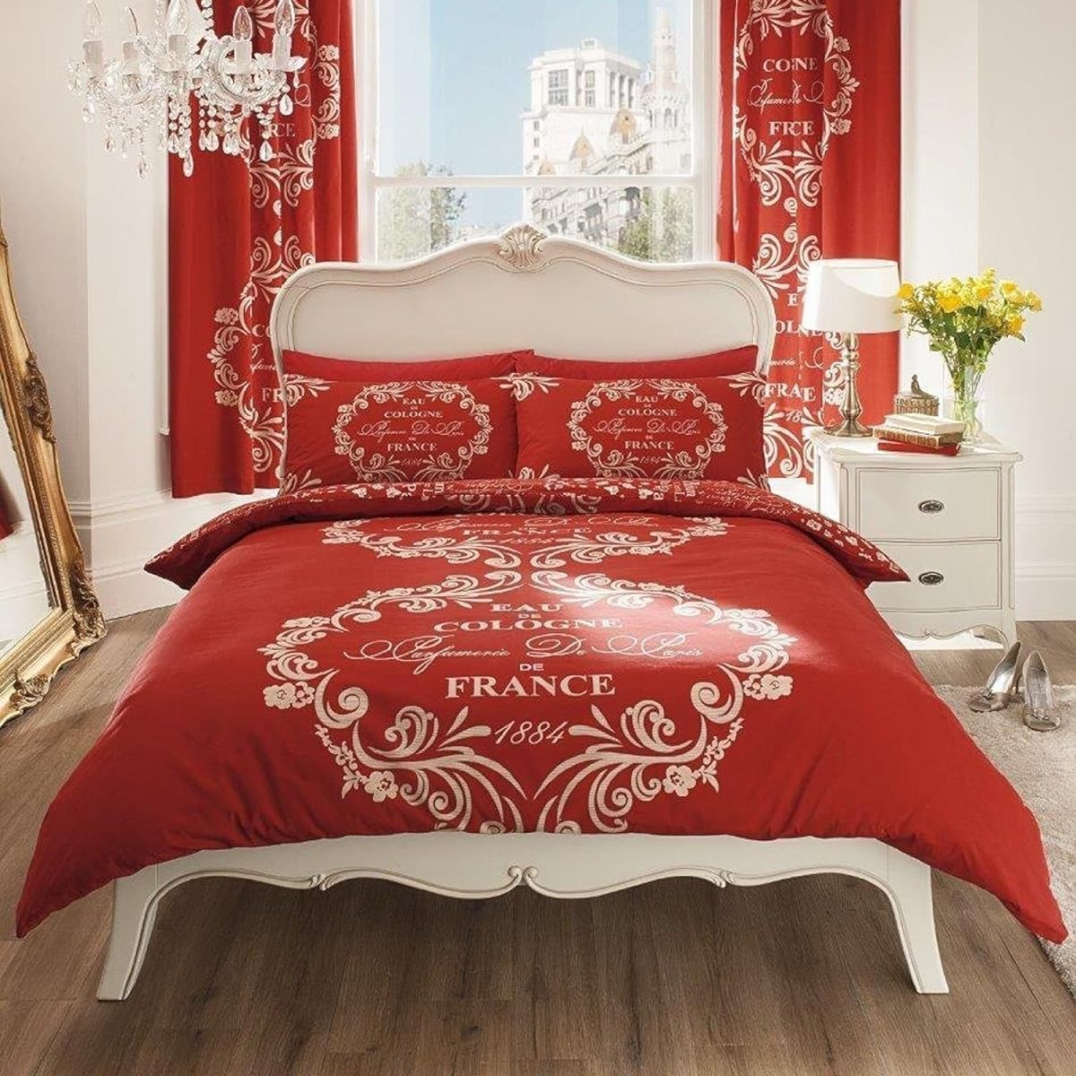 Lovely French Perfume Design Eu de Cologne France Red Double Bedspread x1 Pillowcase x2 Set
