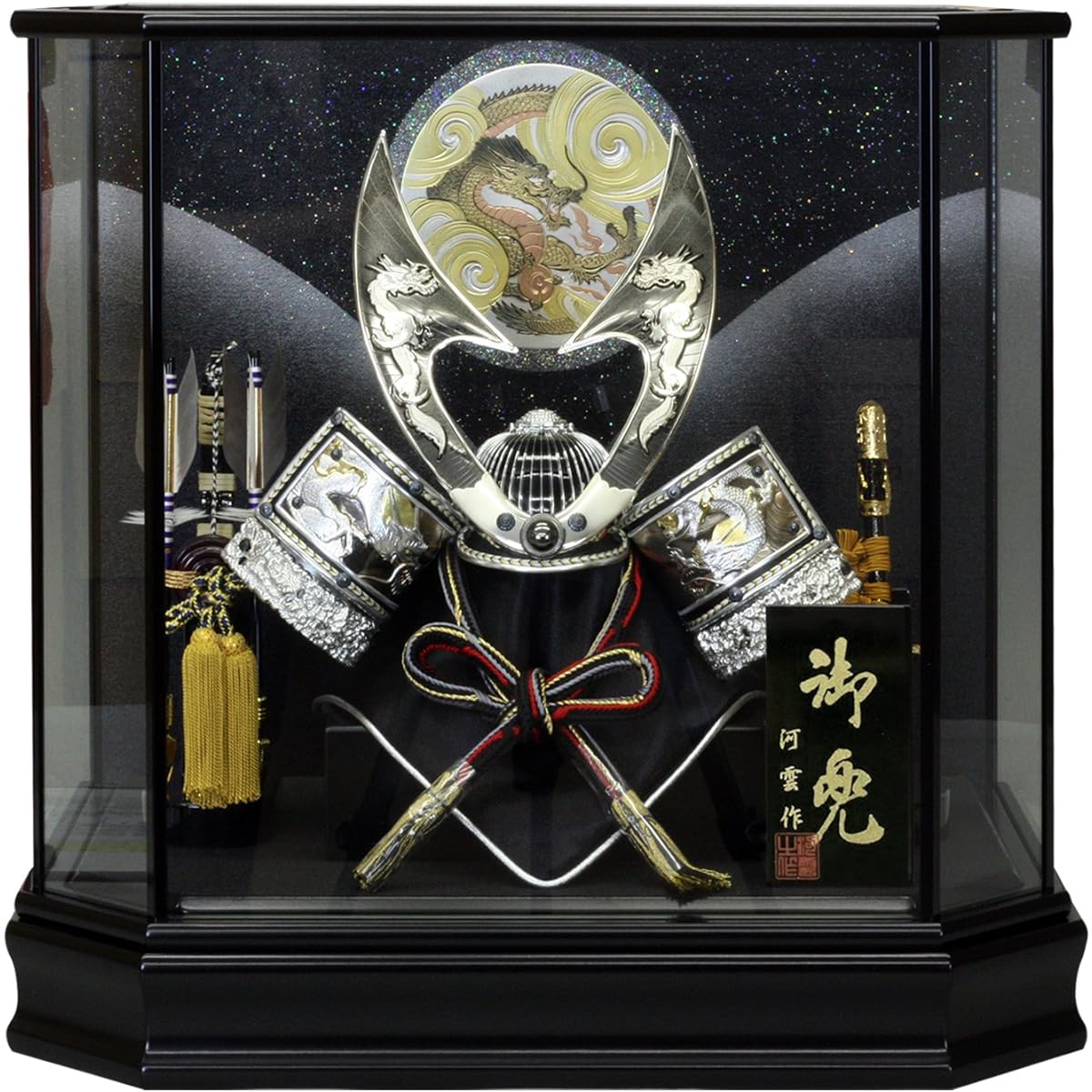 Satsuki Doll Helmet Case Decoration No. 12 Silver Hayabusa Helmet Width 48 x Depth 33 x Height 45.5cm Black Painted Hexagonal Case G2529BZ