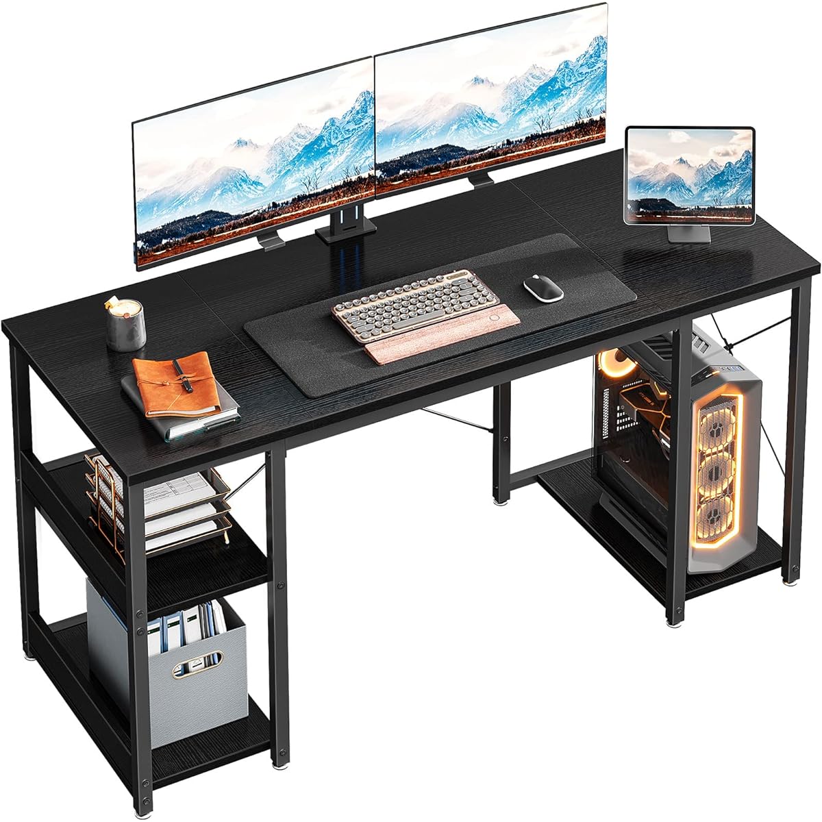ODK Computer Desk Gaming Desk PC Desk Width 120cm Desk with Rack CPU Shelf Desk Box Electric Work Desk Game Desk Long Desk Stylish Living Alone Black
