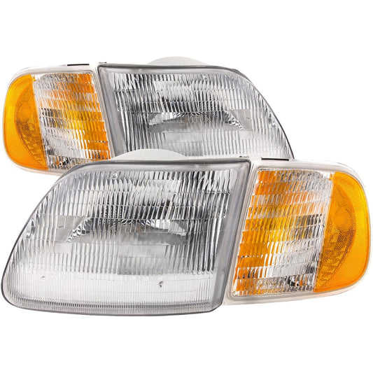 HEADLIGHTSDEPOT Chrome Housing Halogen Headlight 4-Piece Set Corner with FORD EXPEDITION F-150 HERITAGE Left driver and right assistant head lamp