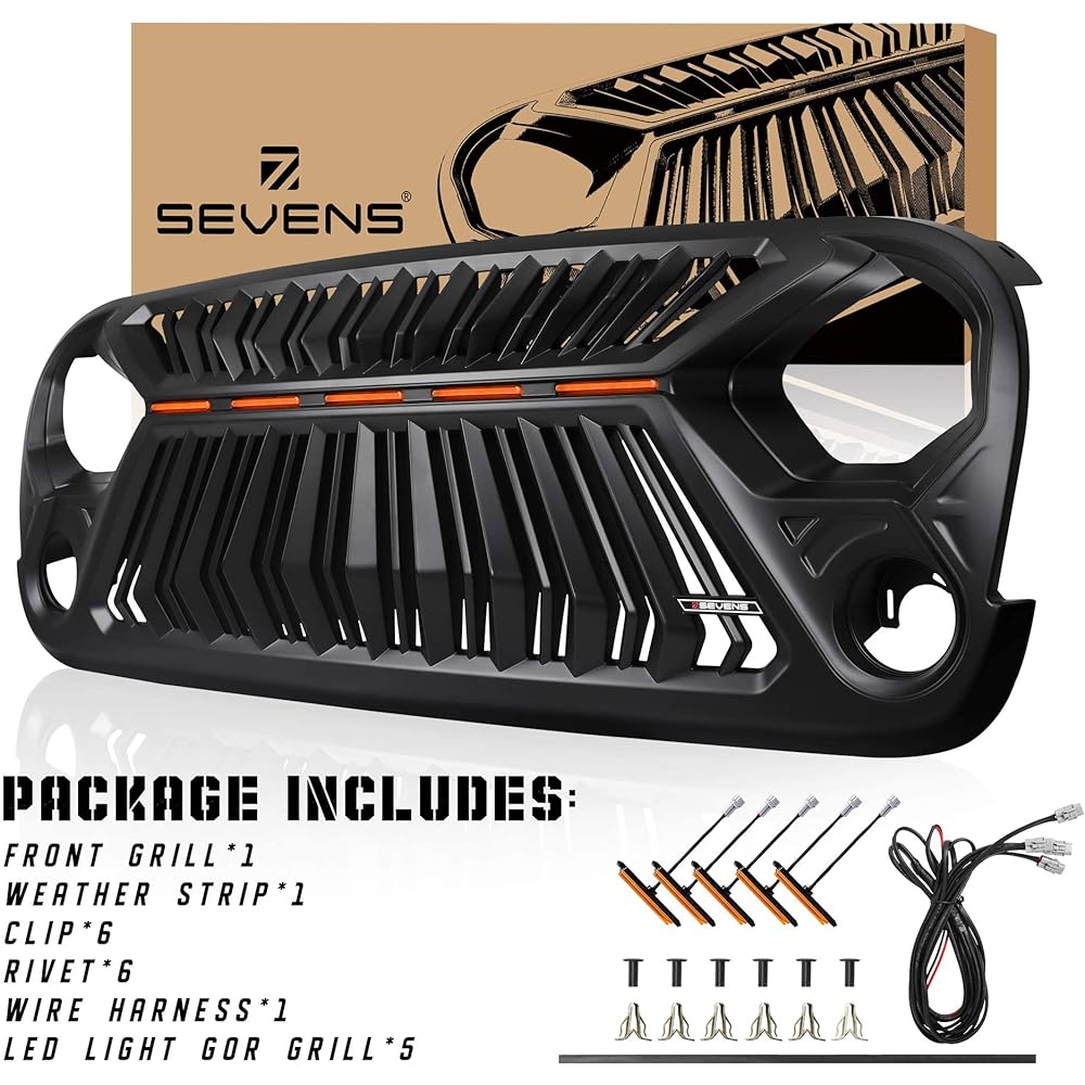 SEVEN SPARTA Front Grill Jeep Wrangler JK/JKU 2007-2018 Thunder Fury Style 5 LED Grill Light Strip Clip Rivet (Painted Mat Black)