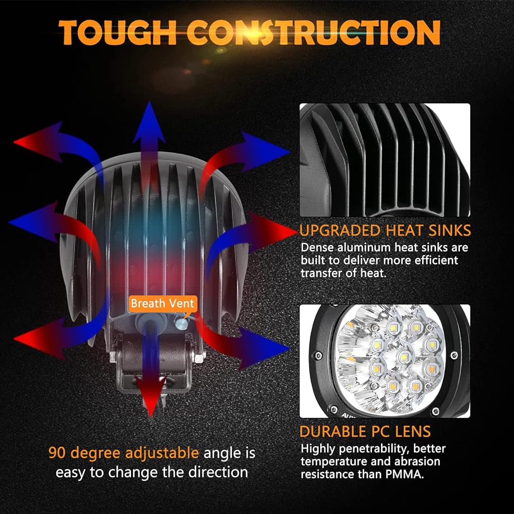 AUXBEAM 6 Mode Amber White White LED Light 4 inches 90W Round Off Road Fog Road Strobe Dual Color LED Pod Drive Off -Load Spot Light Bar Plug & Play Truck Car Ford Polarislangler