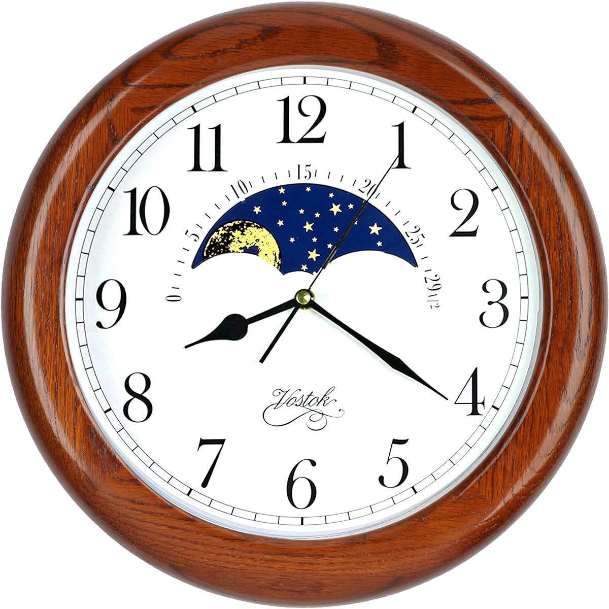 JUSTIME Moon Phase Wall Clock, Large Clock, Wall Hanging, Silent Clock, Wall Clock, Wooden, Oak Wood, Wall Clock, No Second Hand Sound, Stylish