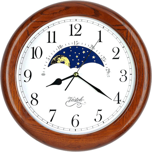 JUSTIME Moon Phase Wall Clock, Large Clock, Wall Hanging, Silent Clock, Wall Clock, Wooden, Oak Wood, Wall Clock, No Second Hand Sound, Stylish