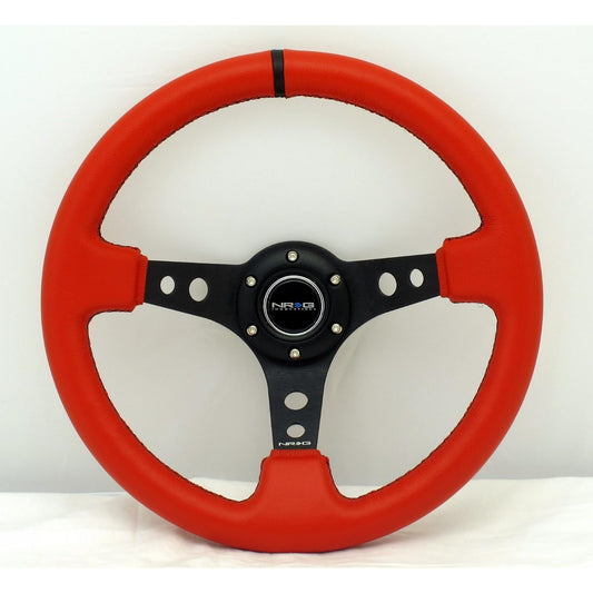 Steering wheel 350mm sports steering wheel (depth 3 inch) red LTHR black stitch black strap ST-006RR-BS-Y