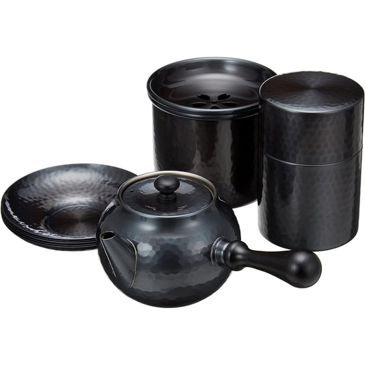 Shinkoukinzoku Tea Ceremony Set Black Copper Finish Teapot: (Capacity) 370ml, Kensui: (Capacity) 400ml, Tea Caddy: (Capacity) 150g Pure Copper Teapot, Kensui, Tea Caddy, Tea Cup, Tea Cup Set BC-124