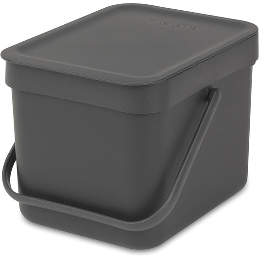 Brabantia Trash Can with Lid Manual 6L Lightweight Compact Width 20 x Depth 24.9 x Height 18.1cm Made in Belgium Sort & Go Waste Bin Gray 10972-0