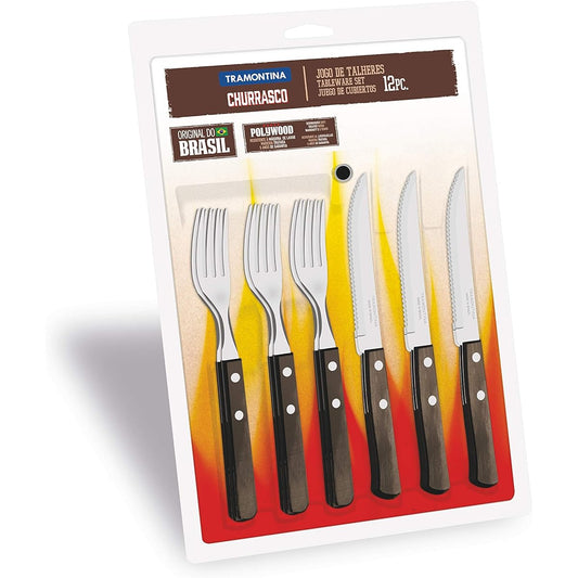 TRAMONTINA Steak Fork & Knife 12 Piece Set (Plastic Pack) Dark Brown