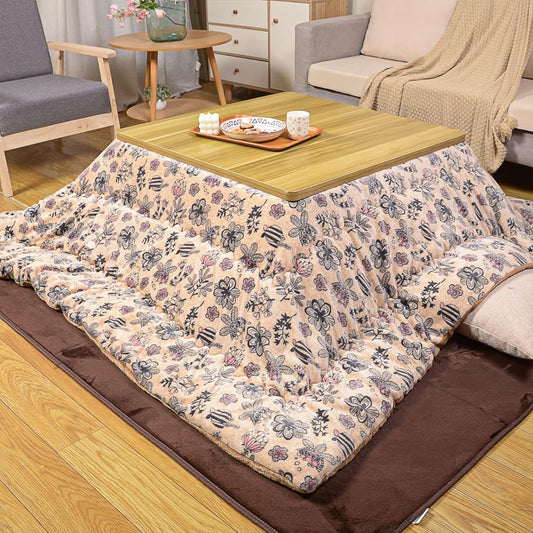 Peto-Raifu Kotatsu Futon, Thick Kotatsu Comforter, Single Comforter, Square, Reversible, Can Be Used on Both Sides, Smooth, Flannel Material, Uses Heat-generating Cotton, Heat Retention, Fully Washable, No Shedding, Plant Pattern, Beige, 185 x 185 cm