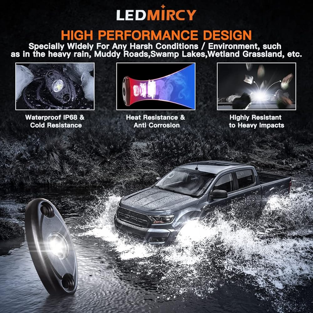LEDMIRCY R1 LED Pure White Rock Light 16 pieces Jeep Track RZR Off -Road Boat Car ATV UTV UTV Under Glow Trail TRAI Rig Light Under Body Neon Light High Power Waterpower Waterproof resistance