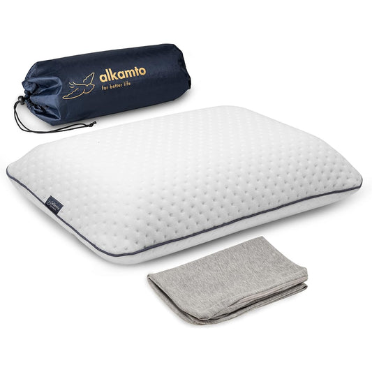 alkamto Travel & Camping Pillow, Low Resilience Pillow, Uses Memory Foam Manufactured by German BASF [Enjoy a Quality Sleep While Traveling or Camping] Outdoors, Sleeping in the Car, or Sleeping in a Tent (White)