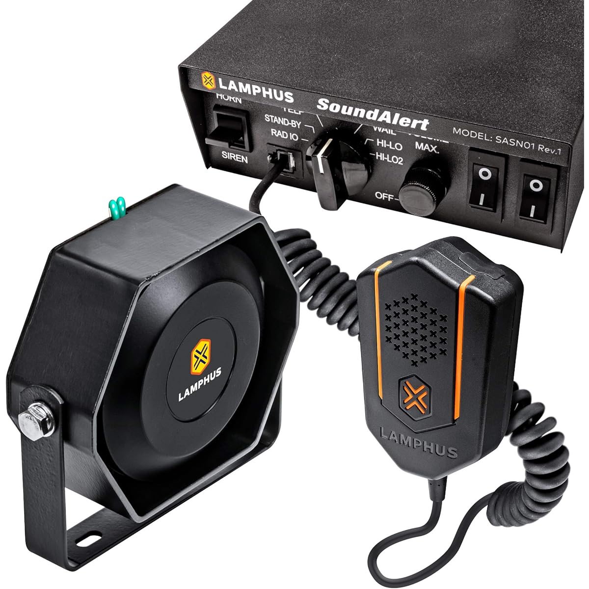LAMPHUS Soundalert 100W Emergency Police Siren Kit [118-124DB Slim Speaker] [2 x 16A Switch Control] [Hands Free Air Horn] [PTT Mike] [Radio Revival] Warning Emergency PA System Track Car