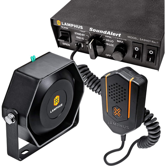 LAMPHUS Soundalert 100W Emergency Police Siren Kit [118-124DB Slim Speaker] [2 x 16A Switch Control] [Hands Free Air Horn] [PTT Mike] [Radio Revival] Warning Emergency PA System Track Car