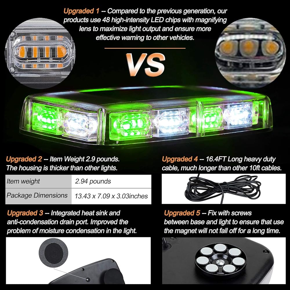 ASPL 48LED Roof Top Strebulite High Visibility Curious Emergency Safety Warning LED Mini Stroballite Bar Magnetic Base 12-24V For Snow Rover Truck Construction Vehicle (Green/White)